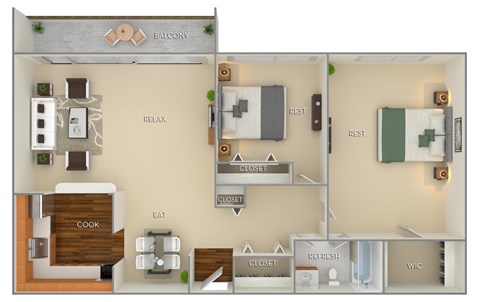 Floor plan for 2 beds, 1 bath, 984 sqft